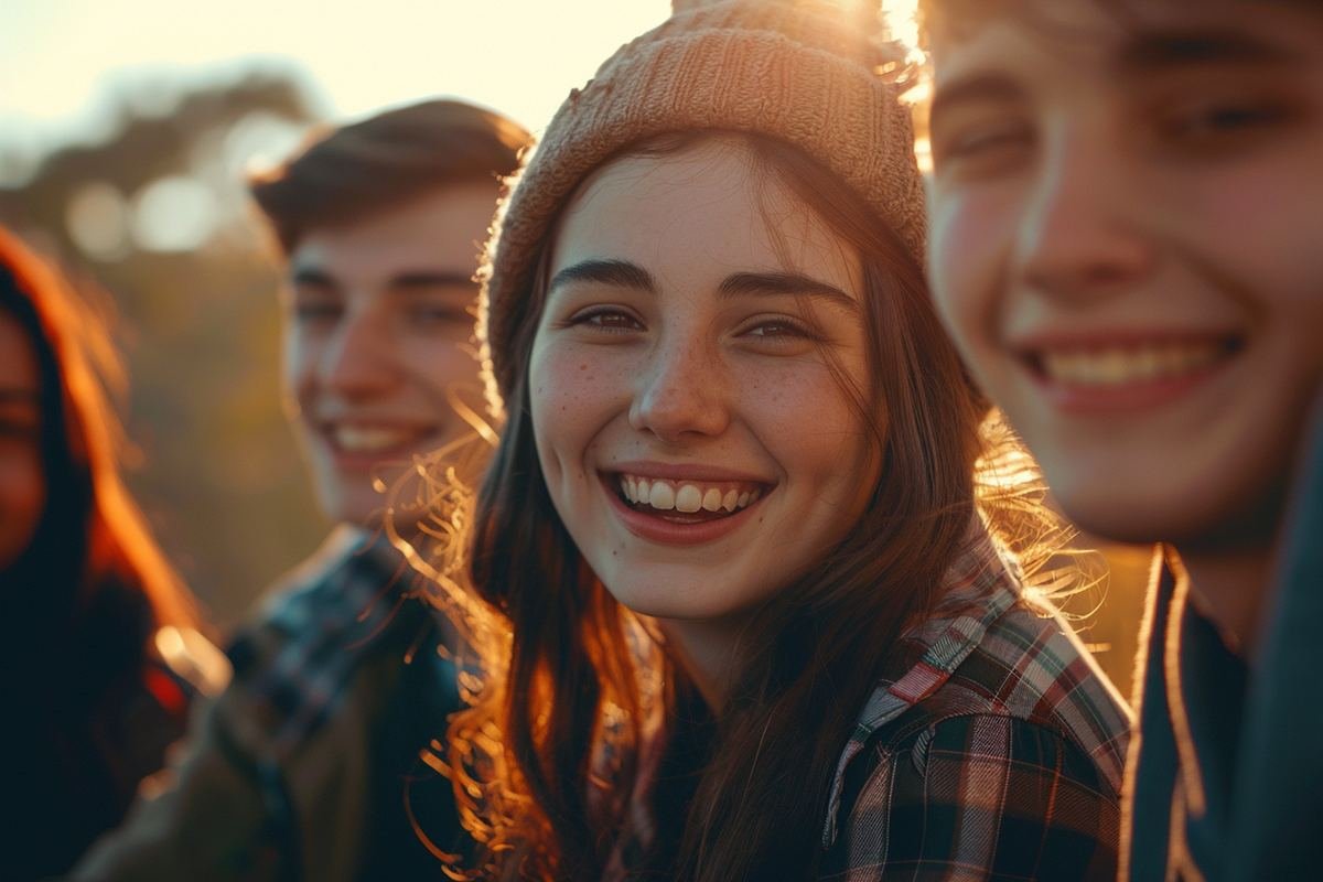 Grup de adolescenți în lumina apusului